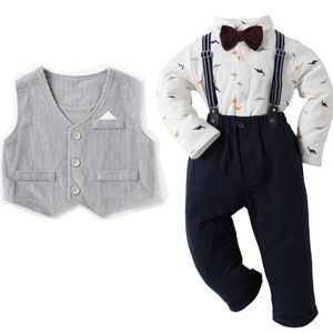 Kgurtagh Baby Boy Outfit With Dino Print, Vest & Suspenders, Bow Tie Sz 6-9 mons